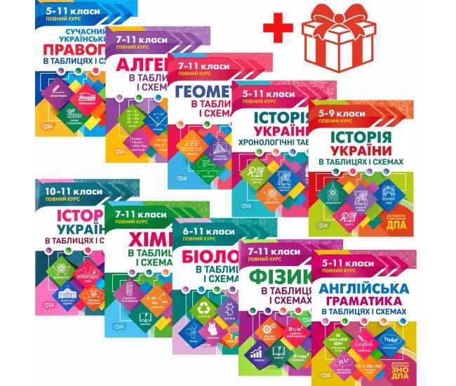 КОМПЛЕКТ: Таблиці та схеми Торсінг 5-11 класи. Допомога в підготовці до ЗНО та ДПА (10 посібників + Подарунок) - Видавництво Торсинг - ISBN 1210178