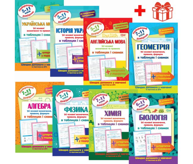 КОМПЛЕКТ Лучший справочник в таблицах и схемах 5-11 классы Украинский язык + История Украины + Английский язык + Геометрия + Алгебра + Физика + Химия + Биология + Подарок - Издательство Торсинг - ISBN 9789669398697