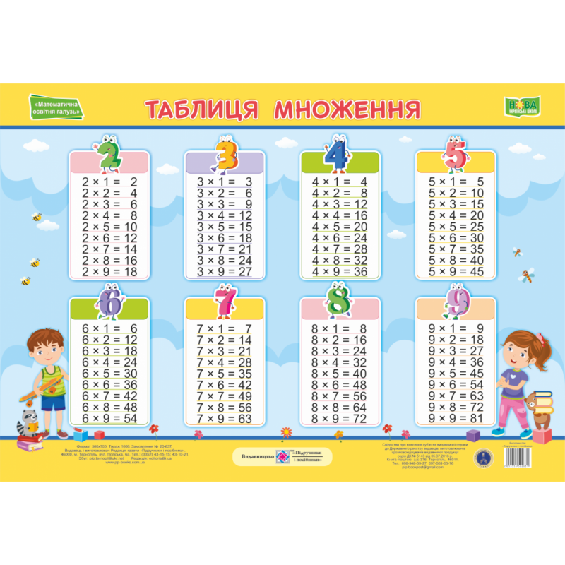Плакат школьный Підручники і посібники Таблица умножения (горизонтальная) ф.А2